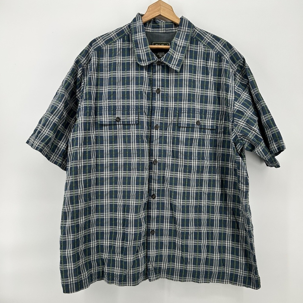 Eddie Bauer Shirt Mens XXL Tall Blue Green Plaid Utility Outdoor Camp Rugged